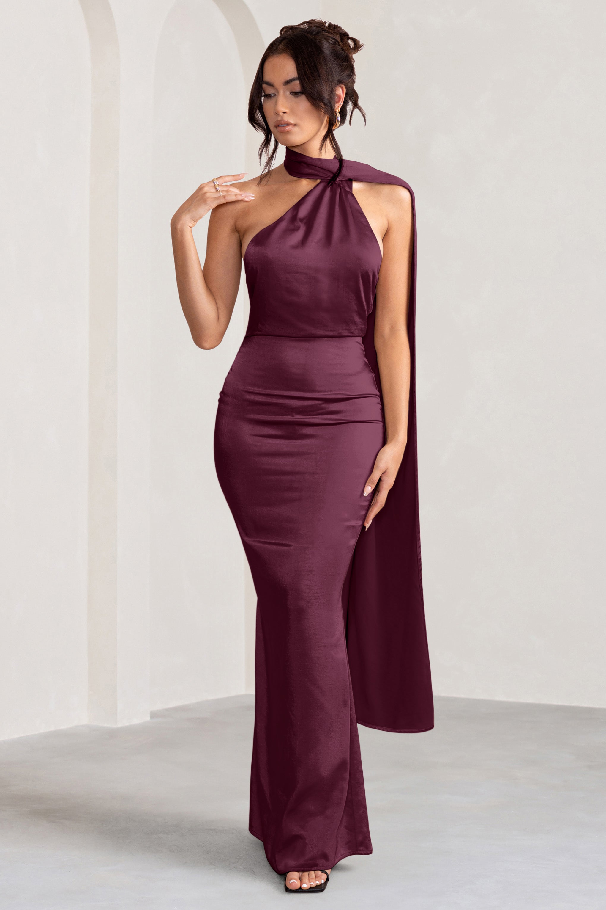 Mademoiselle | Burgundy Satin Asymmetric Scarf Neck Backless Maxi Dress