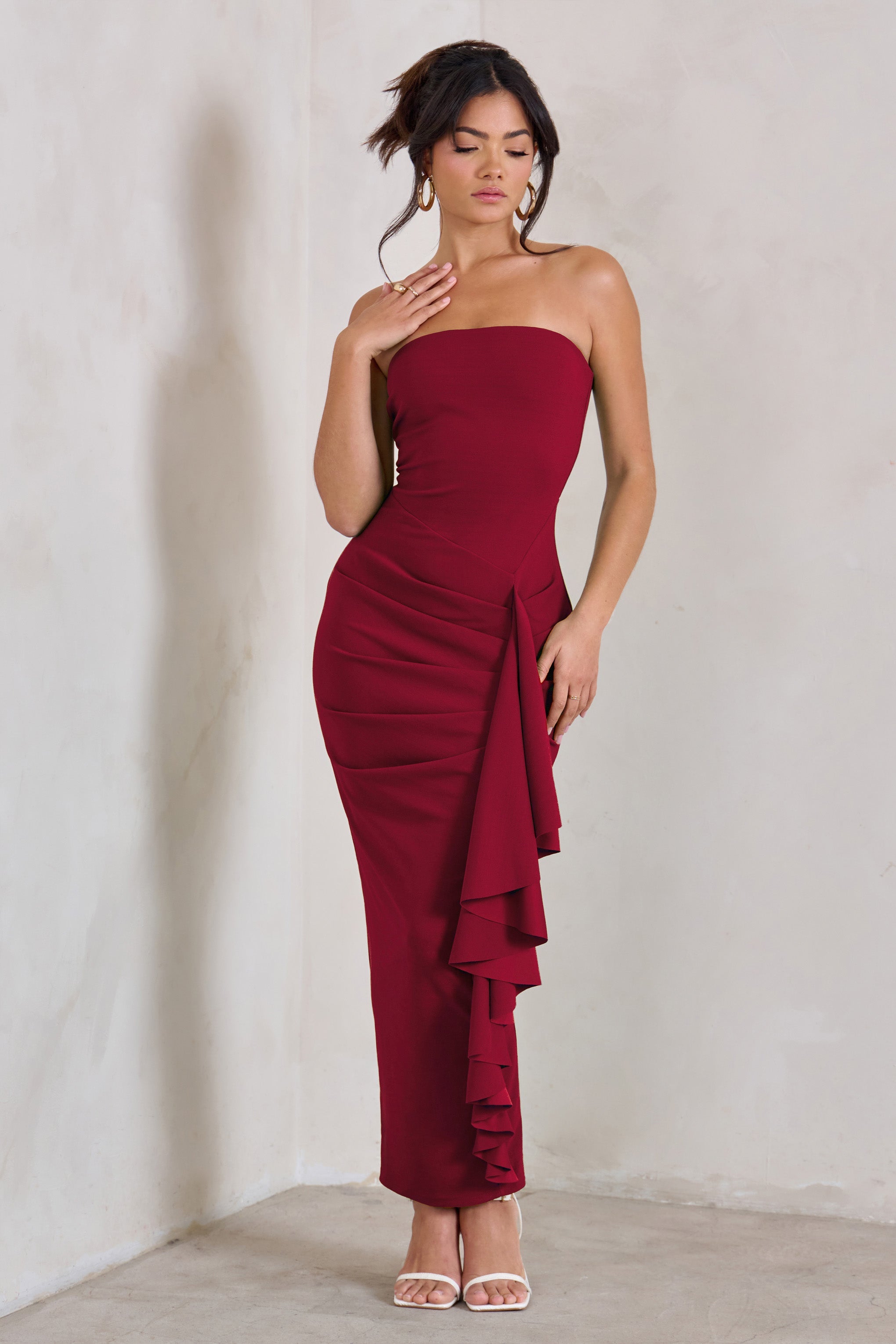 Fleur | Robe longue froncée à bandeau couleur prune