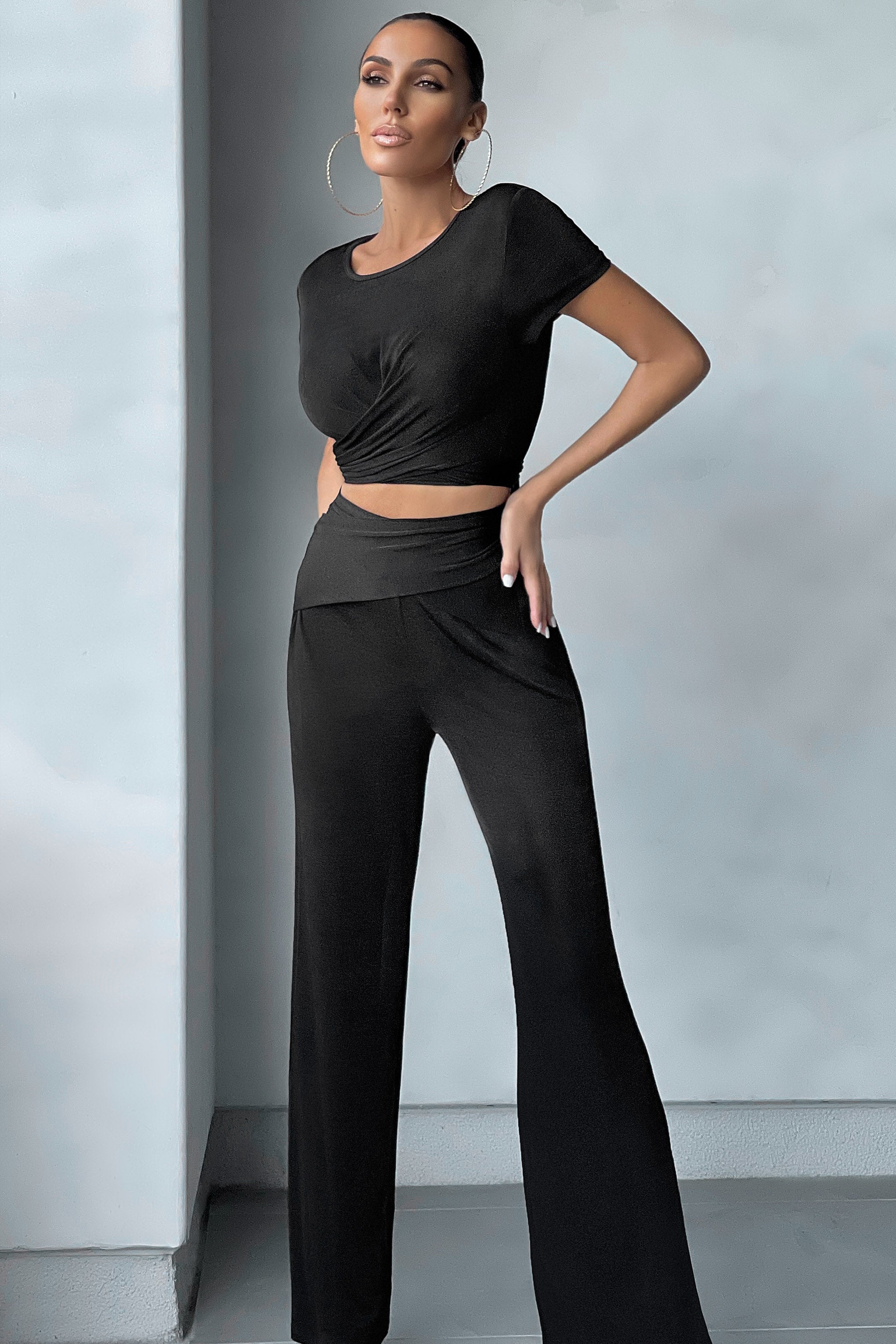 On My Mind | Pantalon evase noir a ceinture croisee