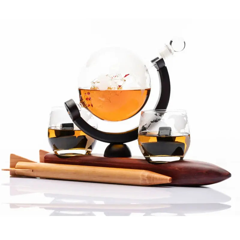 Elegant Etched Globe Whiskey Decanter Set with 2 Glasses