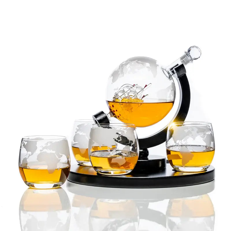 Elegant Etched Globe Whiskey Decanter Set with 2 Glasses