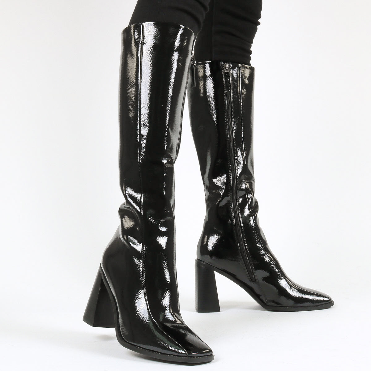 RAID LENORE Knee High Boots in Black Crinkle Patent