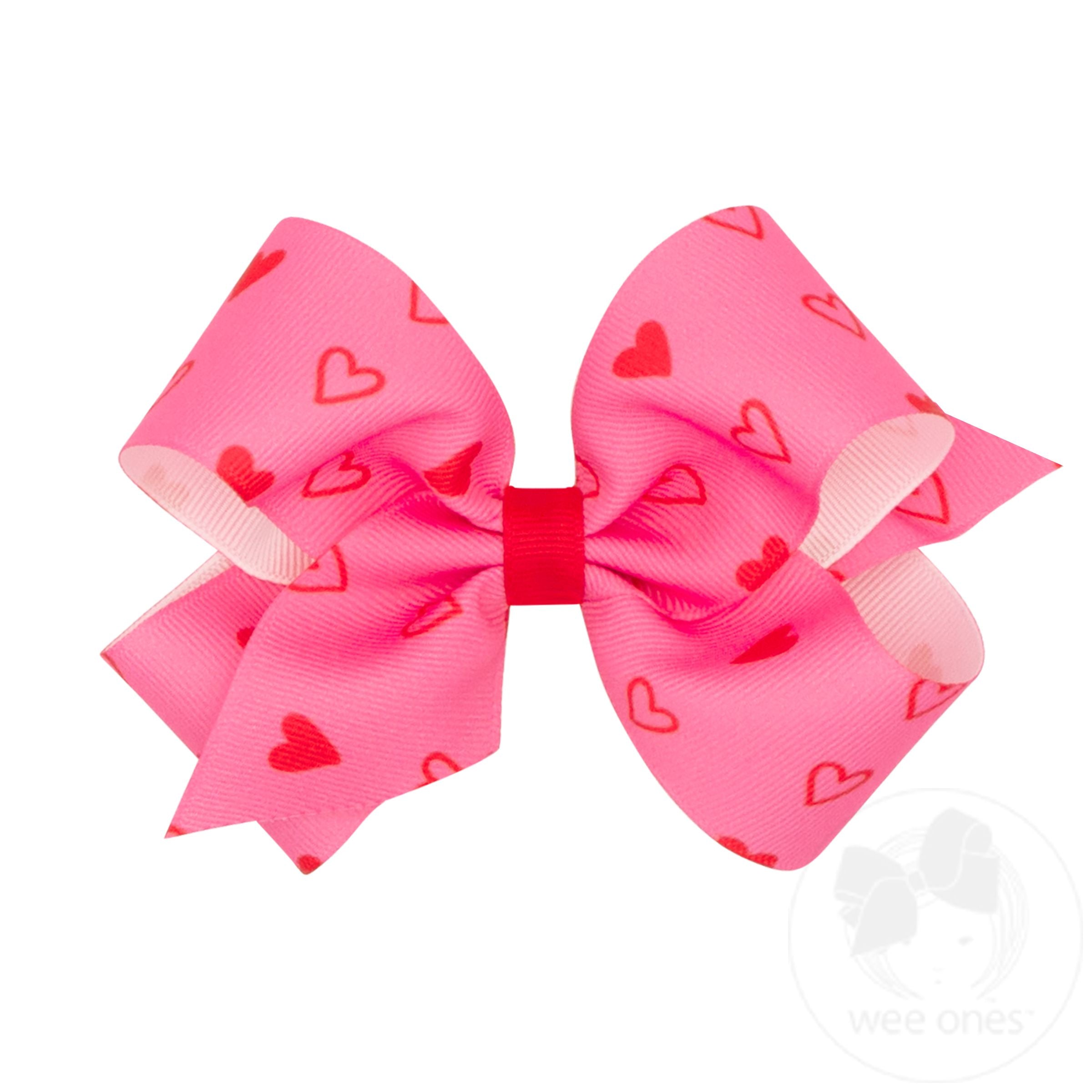 Medium Valentine Heart Print Grosgrain Girls Hair Bow - Wee Ones Hair Bows  Accessori product image