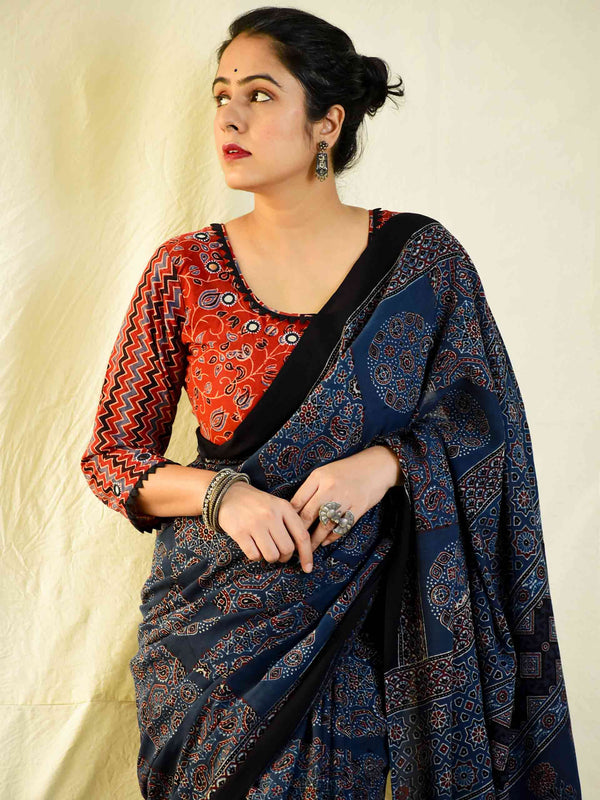 Elegant Kota Ajrakh Saree with Zari Border - Kutchculture