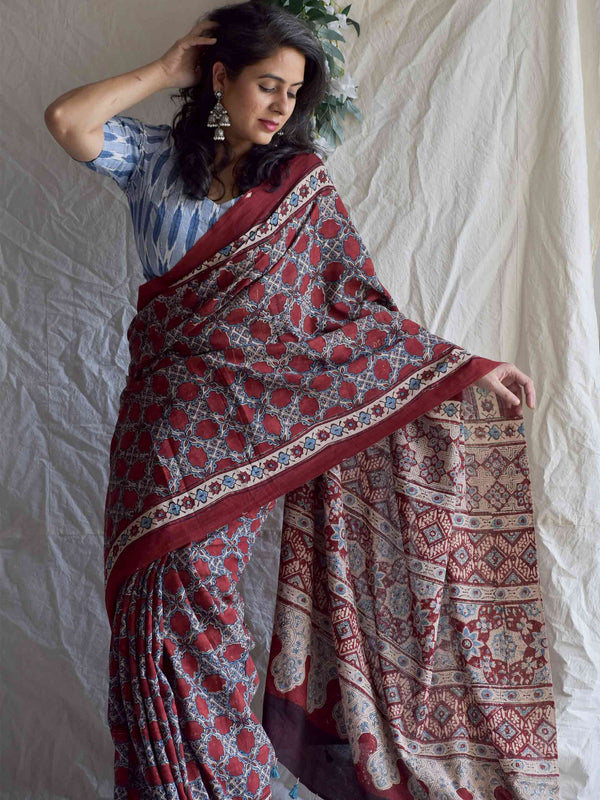 Mul Mul Cotton Saree with beautiful Ajrakh prints AllOver with big zari  woven -Style Array