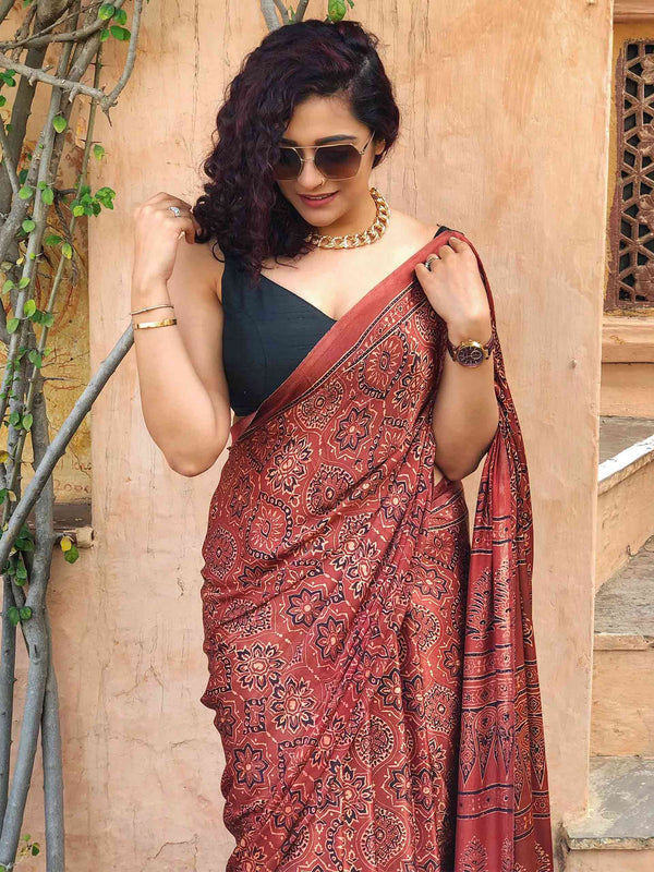 Safeda Ajrakh Hand Block Printed Modal Silk Saree 