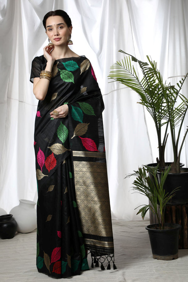 Beige Black Block Printed Pure Silk Mark Certified Tussar Silk Sarees –  Dailybuyys