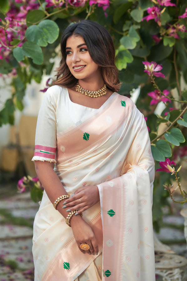 Aster White Woven Handloom Paithani Silk Saree – MySilkLove