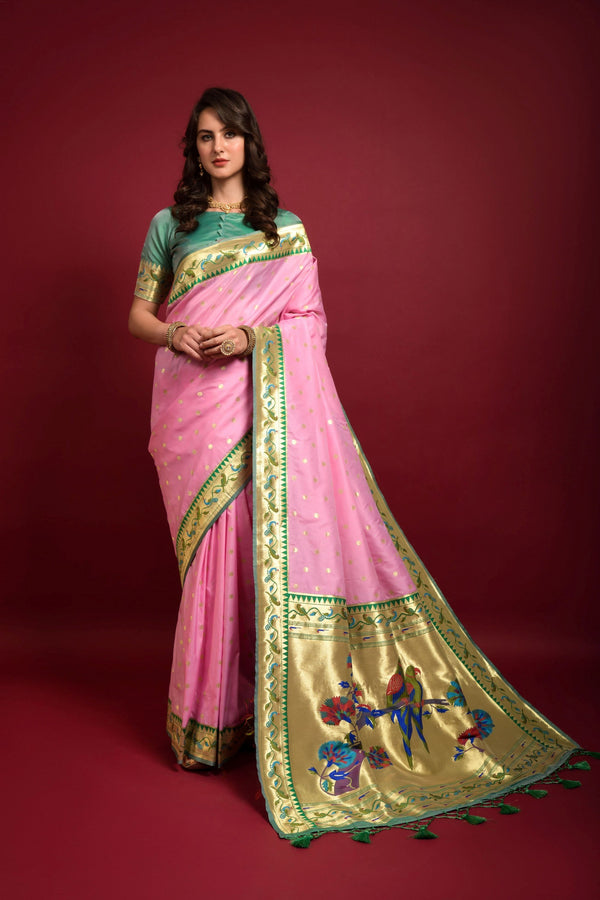 Madhavaram Handloom Silk Saree - Baby Pink with Dark Pink – Looms Legacy