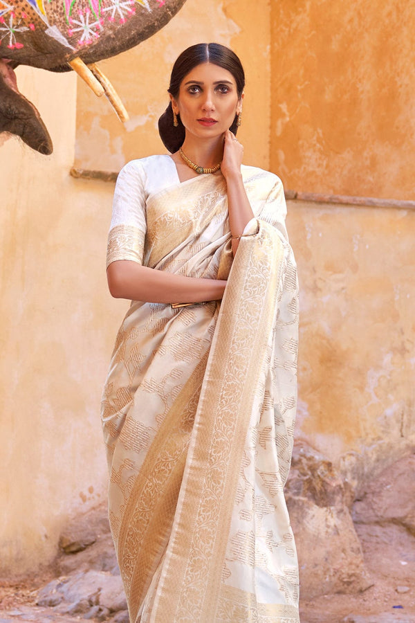 White woven silk saree with blouse - Elora Fashion - 4061108