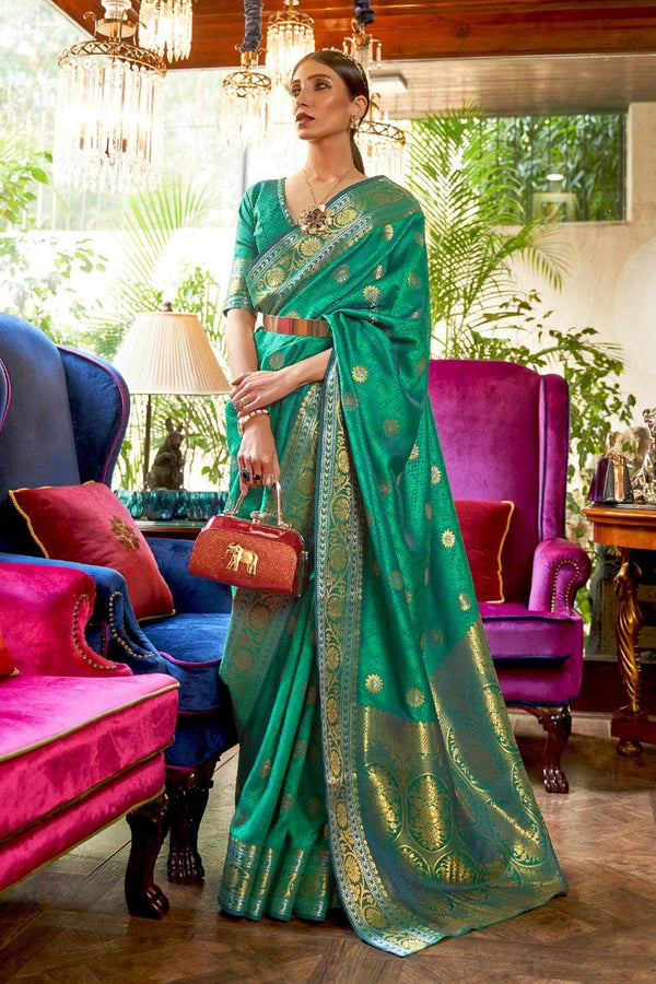 Teal Green Stone Embellished Satin Silk Saree 5718SR05