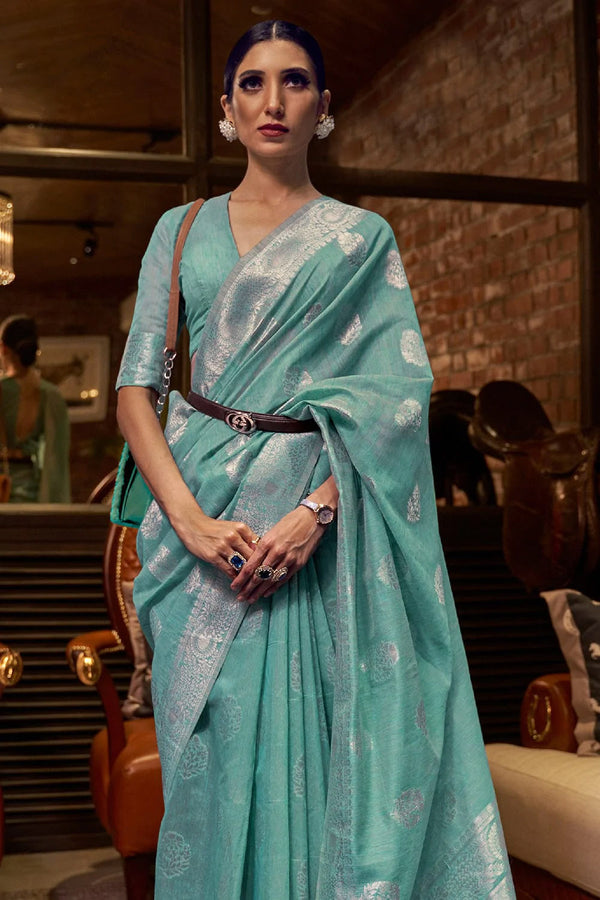 Buy Dressfolk sky blue handwoven linen saree online