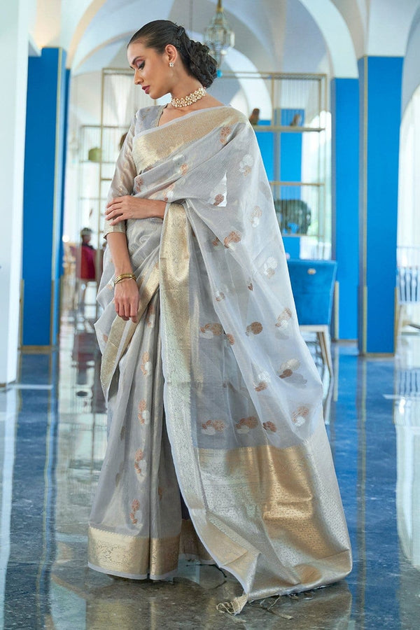 Beige Pure Banarasi Tissue Saree – kreationbykj