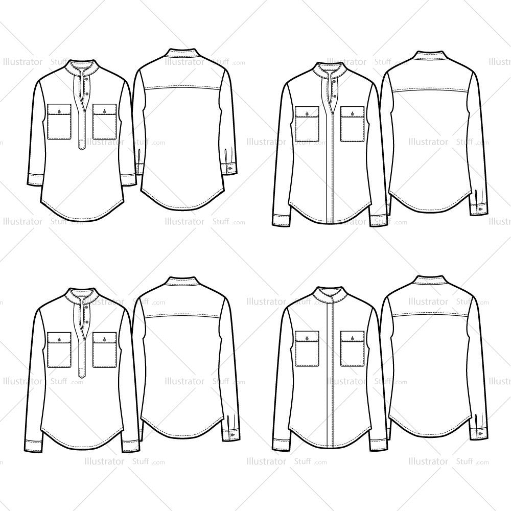 band-collar-button-down-shirt-variation-flat-templates-templates-for-fashion