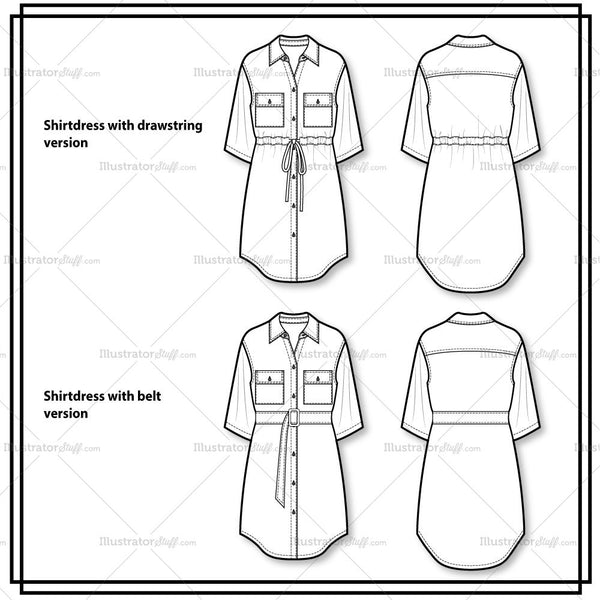 Classic Shirt Dress Flat Template Templates for Fashion