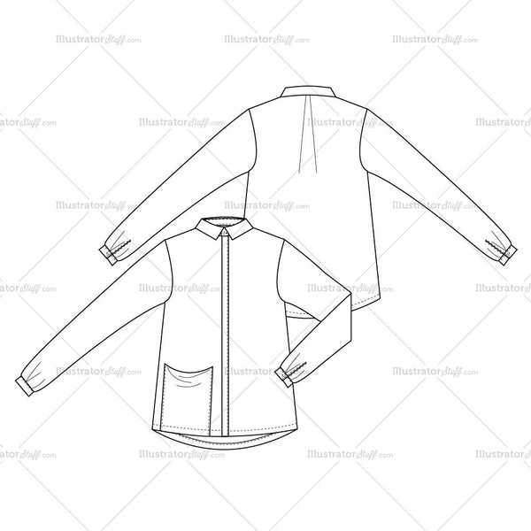 Download Women's Loose Shirt with Draped Pocket Fashion Flat Template - Illustrator Stuff