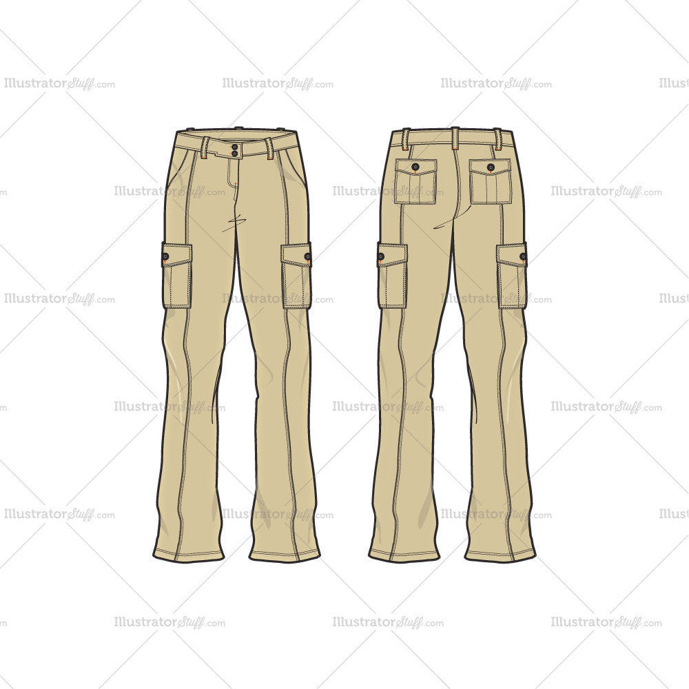 Women's Khaki Cargo Pants Fashion Flat Template – Templates for Fashion