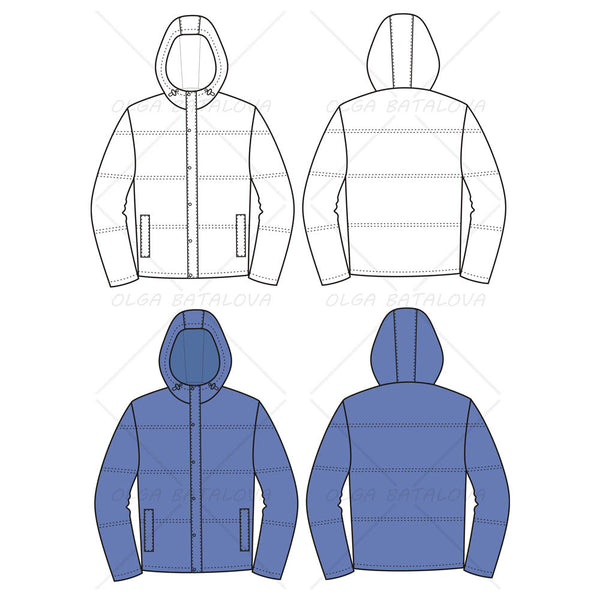 Men’s Hooded Quilted Jacket Fashion Flat Template – Illustrator Stuff