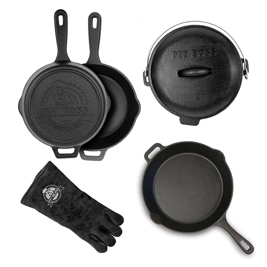  PitMaster King Pre-Seasoned Cast Iron Skillet Set with Wood  Serving Tray and High Heat Gloves, BBQ Grill Accessories, Tools Set