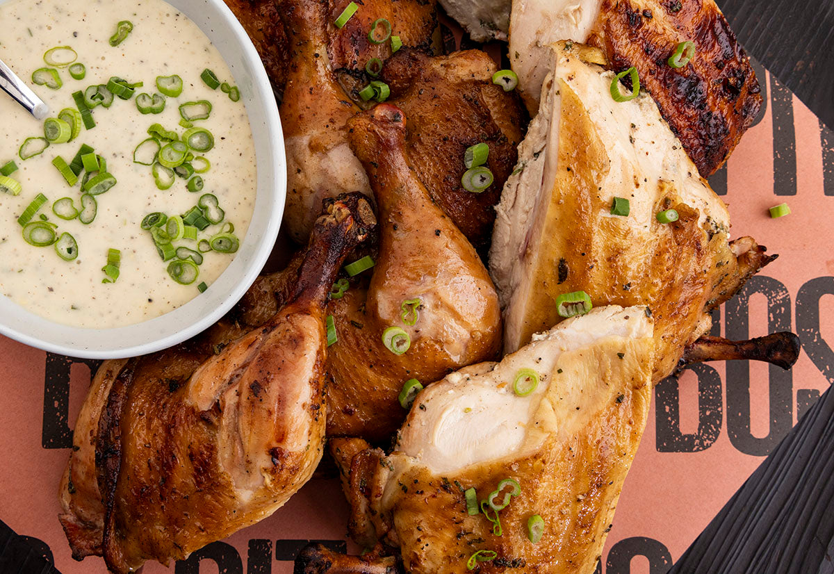 Crispy Spatchcock chicken served with fresh ranch dressing