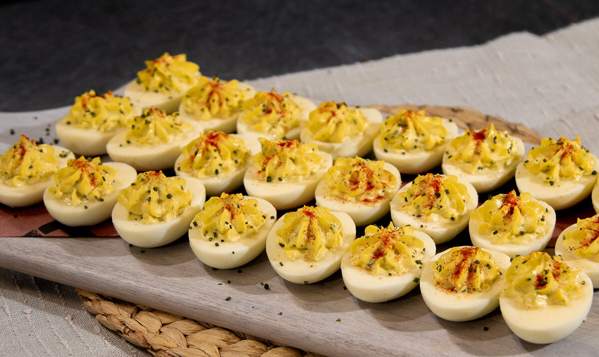 cold smoked deviled eggs cooked on pit boss wood pellet grill smoker served as holiday side dish