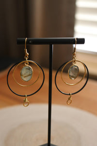 Black and brass hoop earrings with labradorite stones