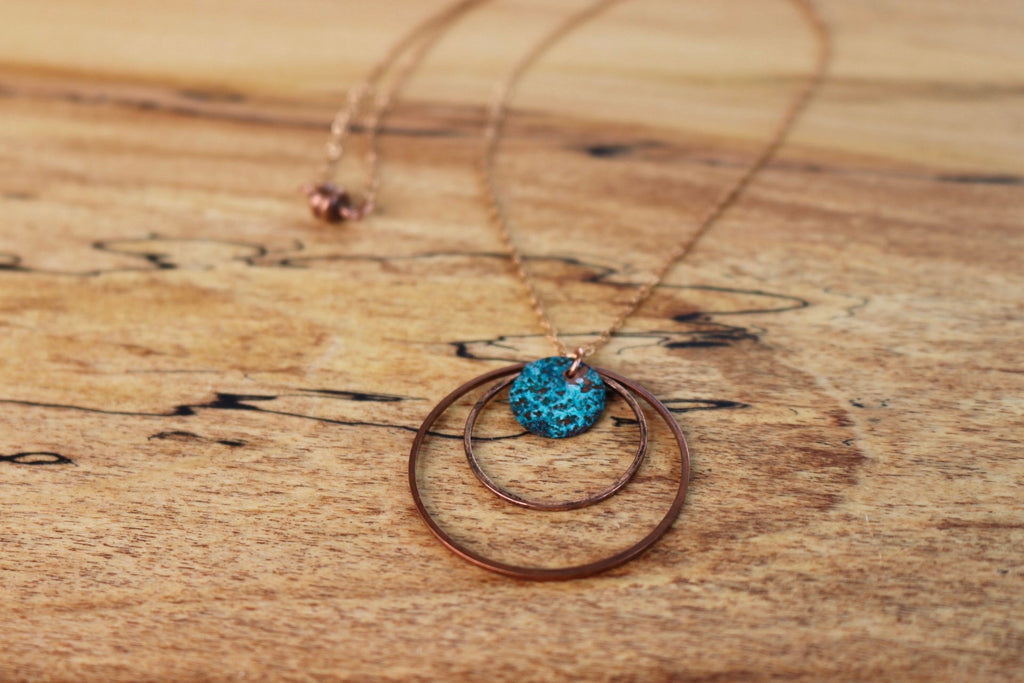 Patina Copper Necklace, Circle Necklace with Green & Blue Colors