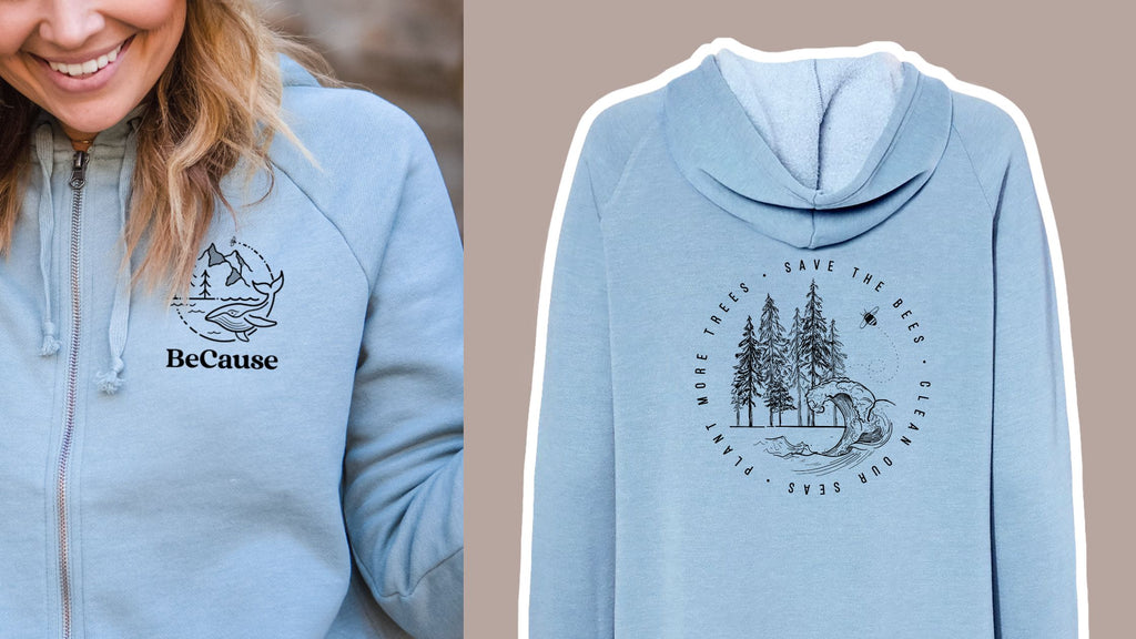 Blue Cali wave zip up hoodie with clean our seas, plant more trees, save the bees