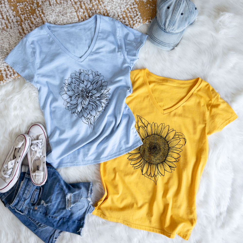 Dahlia and sunflower shirts