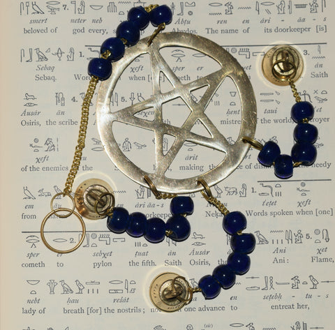 Bronze pentagram wind chime with blue beads and bells