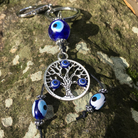 Key ring with blue evil eye beads and silver tree of life