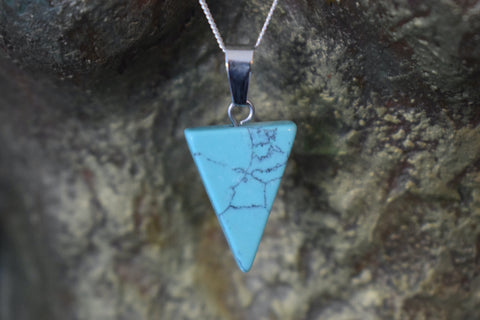 Blue howlite crystal inverted triangle trinity pendant on sterling silver necklace chain