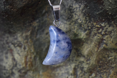 Sodalite crystal crescent moon pendant with sterling silver necklace chain