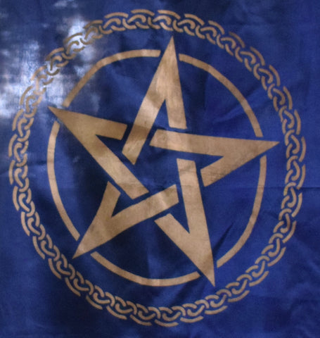 Blue witches flag tarot spread altar cloth with gold pentagram