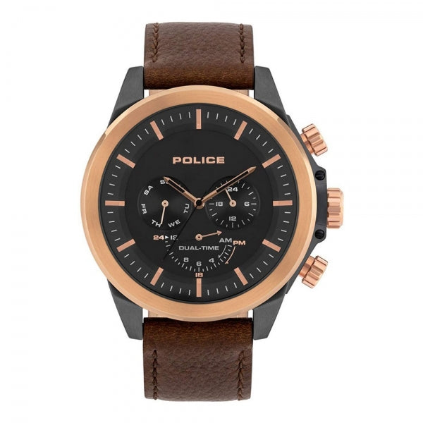Police PL15970JSUR02 50mm Men's Watch Dual-Time Steel Leather Black/Rose Gold