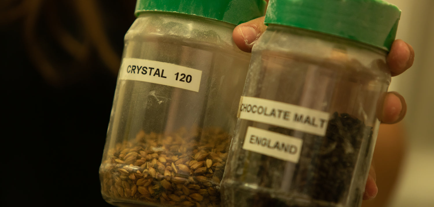 Jars of Crystal 120 and Chocolate malts from England