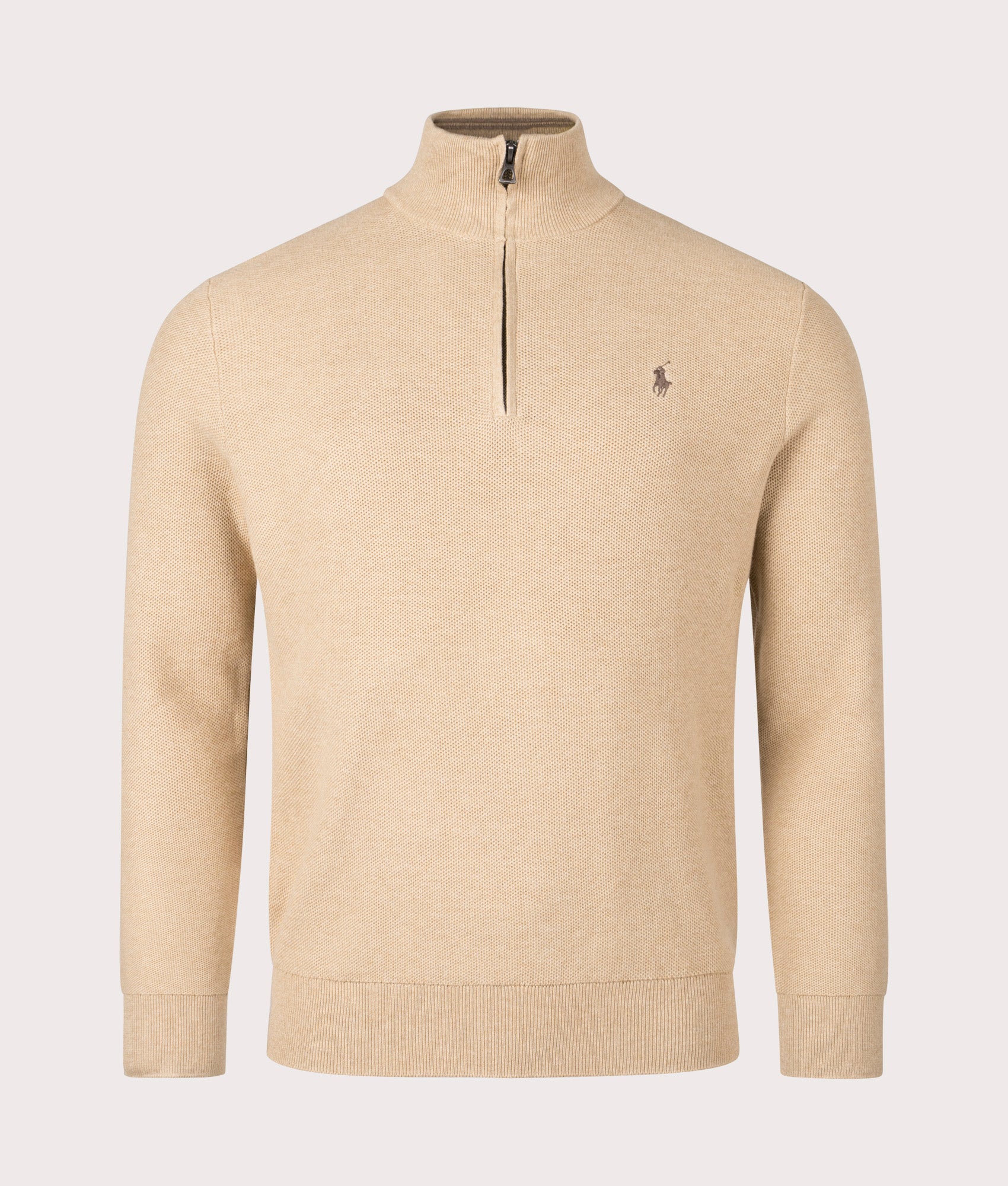 Polo Ralph Lauren Mens Quarter Zip Contrast Logo Knit - Colour: 500 Camel Melange - Size: XL