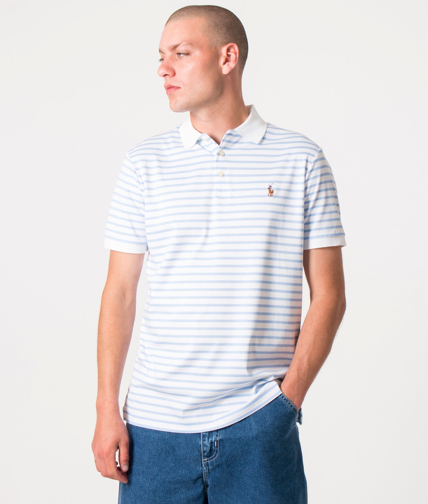 Polo Ralph Lauren Mens Custom Slim Fit Soft Cotton Polo Shirt - Colour: 002 White/Austin Blue - Size