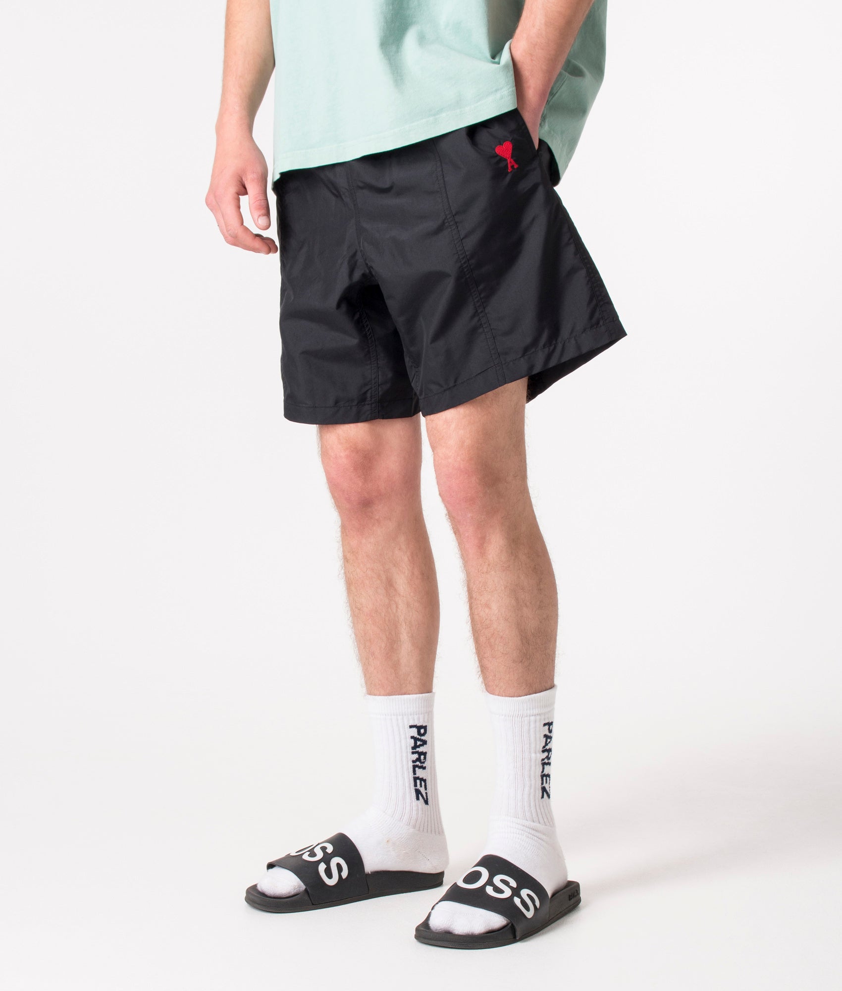 AMI Mens Regular Fit Nylon Swim Shorts - Colour: 001 Black - Size: Large
