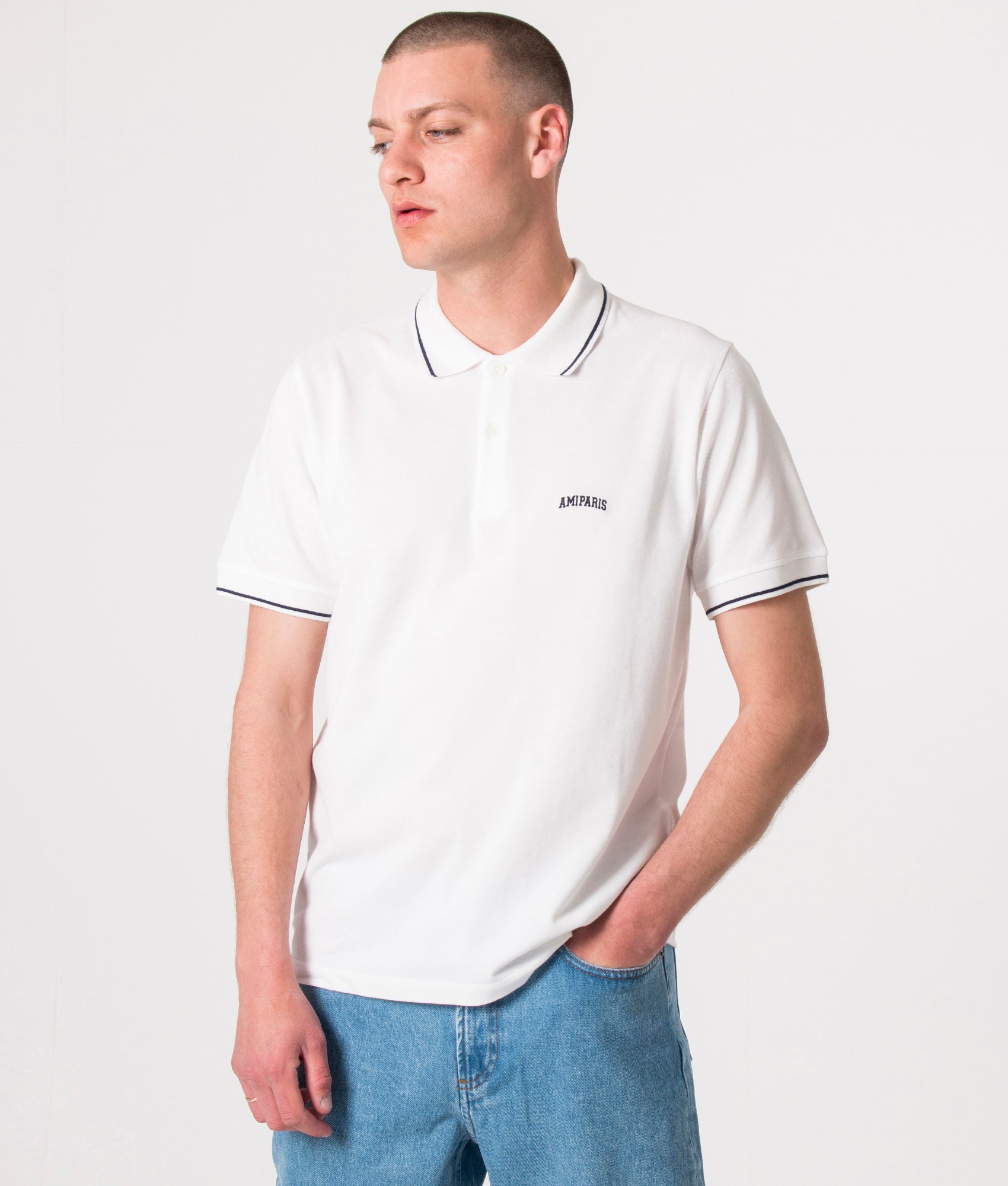 AMI Mens Curved AMI Paris Logo Polo Shirt - Colour: 168 Natural White - Size: Large