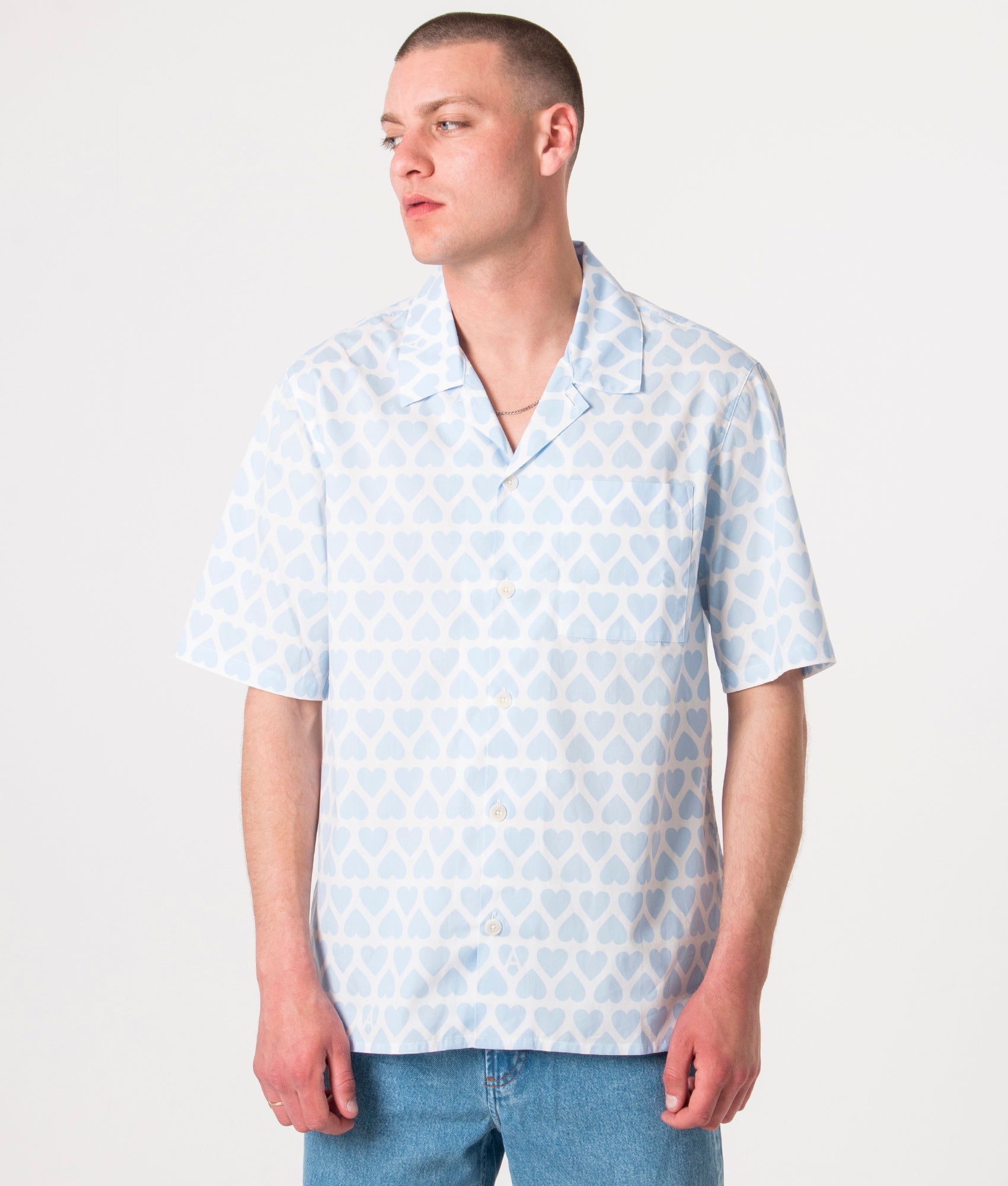 AMI Mens Short Sleeve Camp Collar Poplin Shirt - Colour: 475 Bleu Ciel/Blanc Naturel - Size: 41/XL