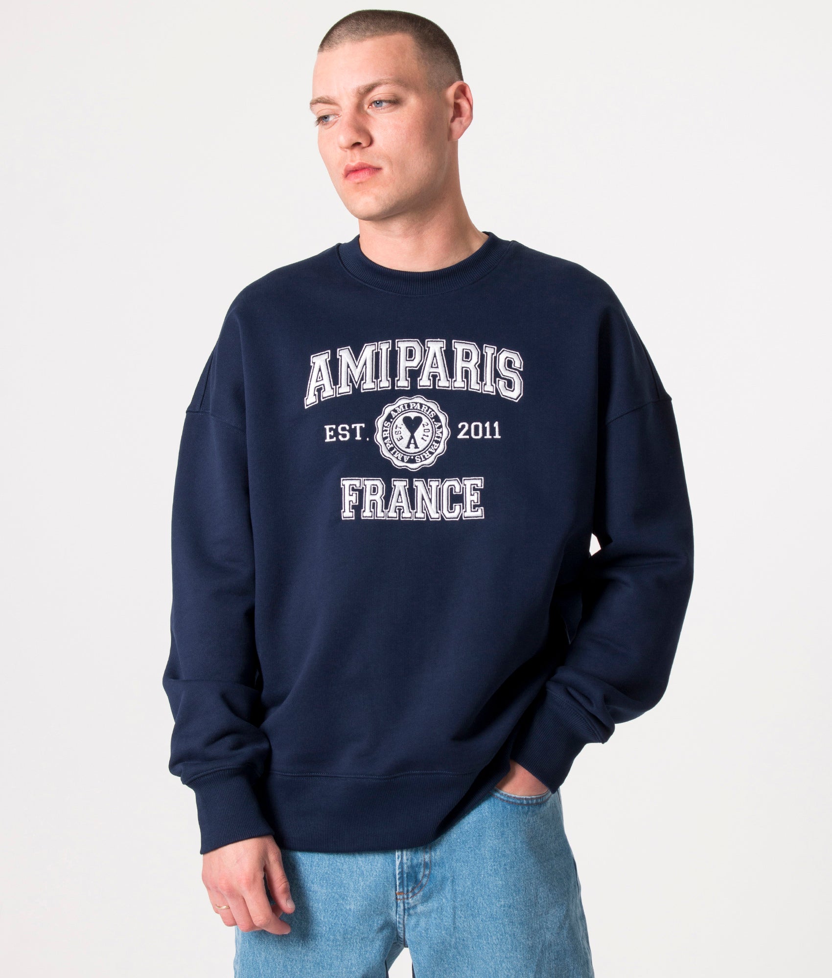 AMI Mens Oversized AMI Paris Crewneck Sweatshirt - Colour: 491 Nautic Blue - Size: XL