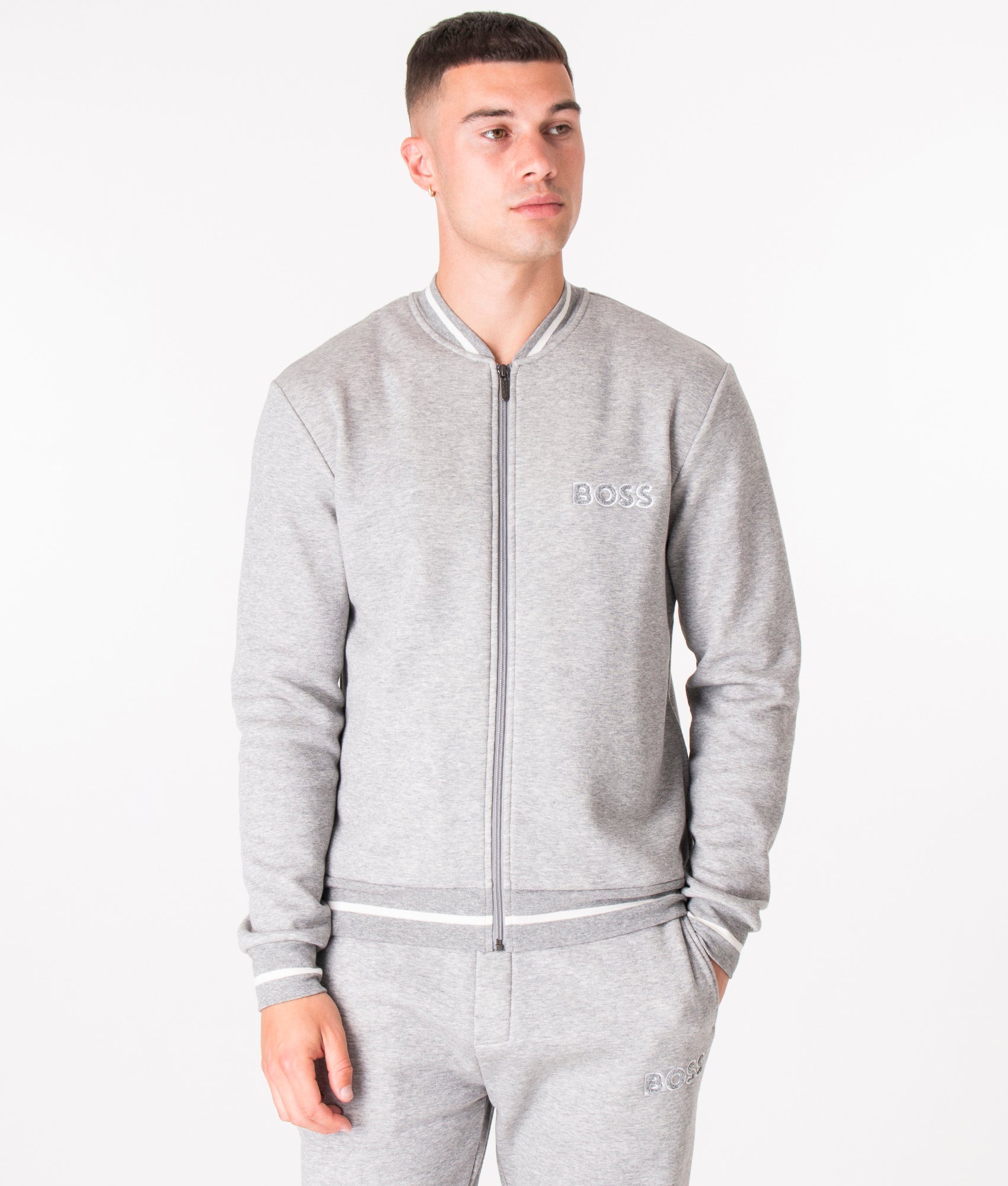 BOSS Mens Zip Through Contemp College J Sweatshirt - Colour: 033 Medium Grey - Size: Medium