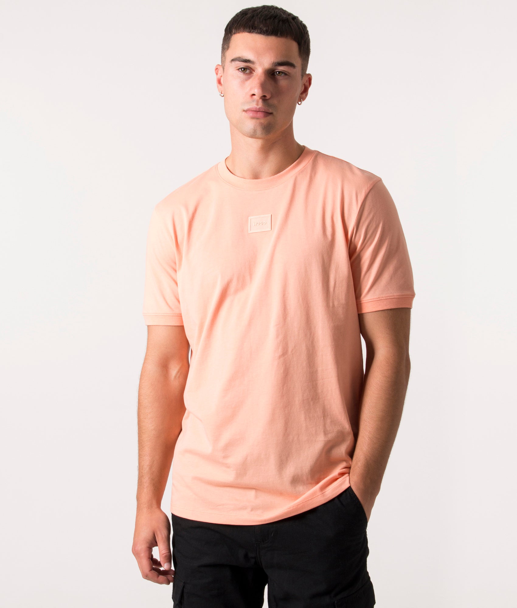 HUGO Mens Rubber Patch Diragolino C T-Shirt - Colour: 630 Light/Pastel Red - Size: Large