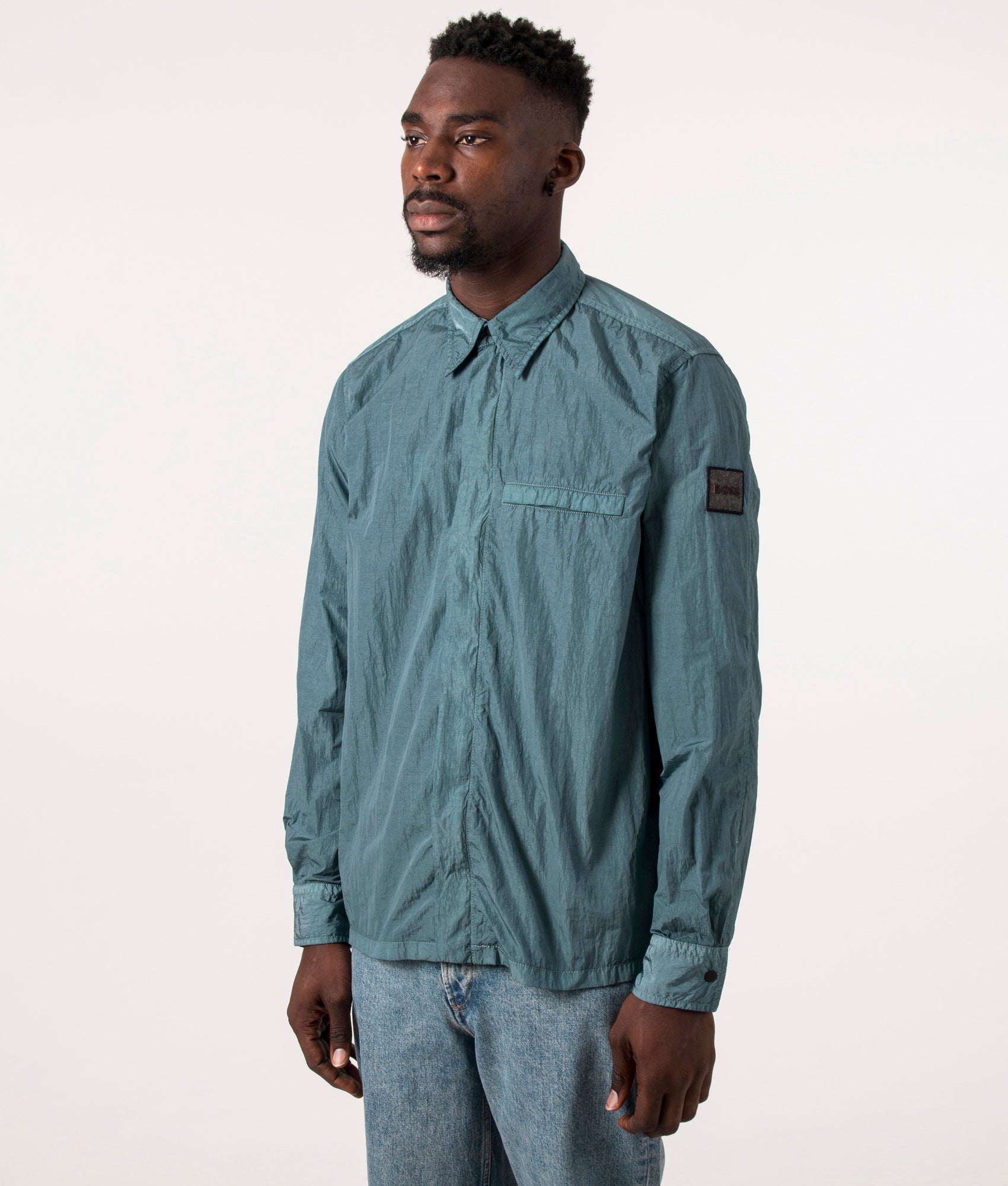 BOSS Mens Garment-Dyed Laio Crinkled Overshirt - Colour: 375 Open Green - Size: Large