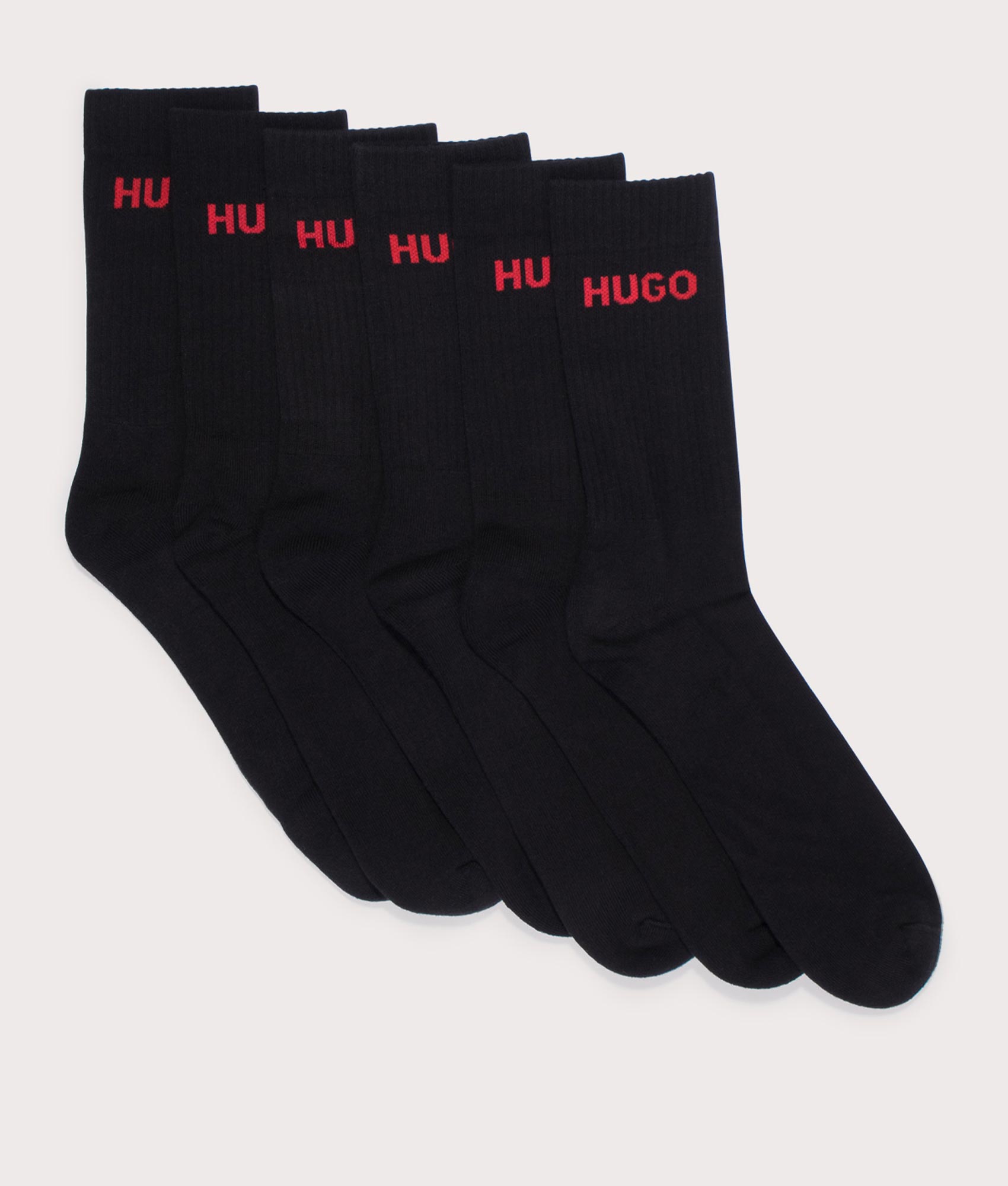 HUGO Mens 6 Pack Rib Logo Socks - Colour: 001 Black - Size: 6-11