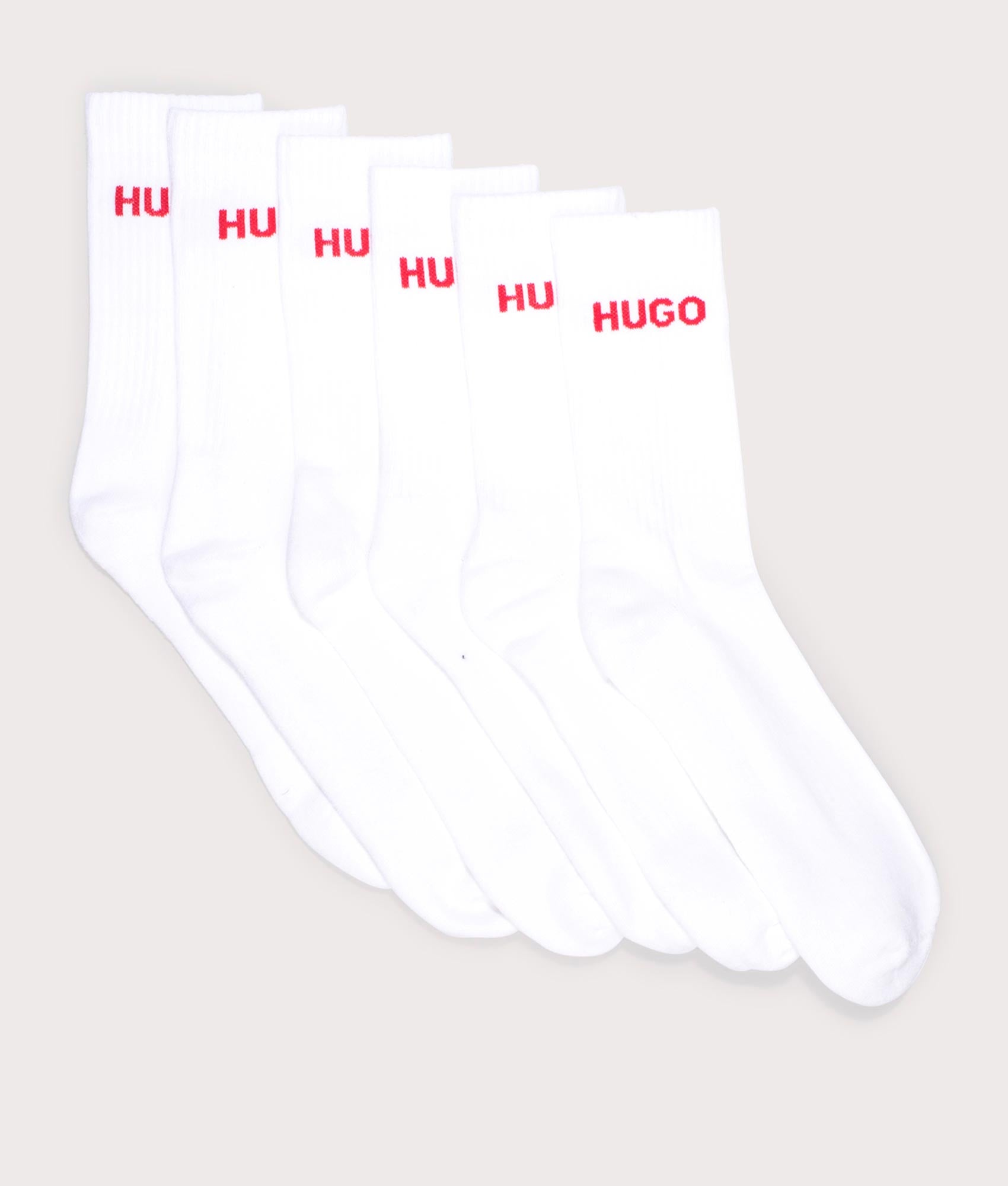 HUGO Mens 6 Pack Rib Logo Socks - Colour: 100 White - Size: 6-11