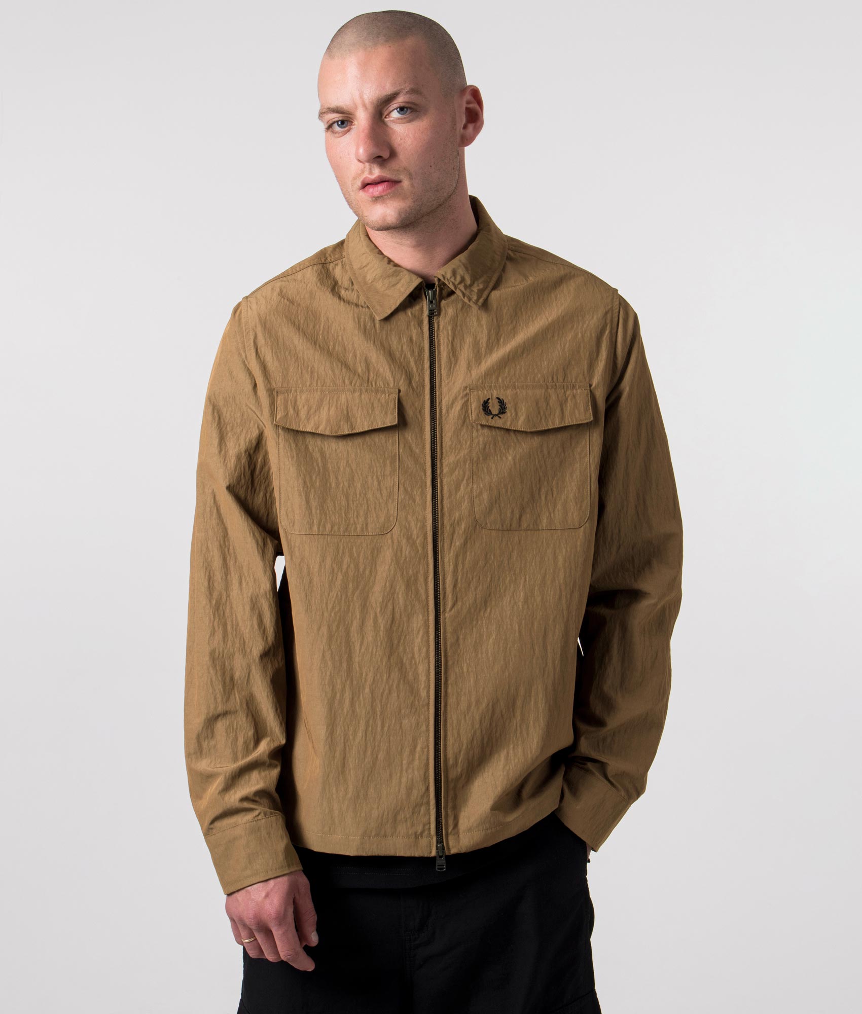Fred Perry Mens Zip Through Lightweight Textured Overshirt - Colour: P96 Shaded Stone - Size: Medium
