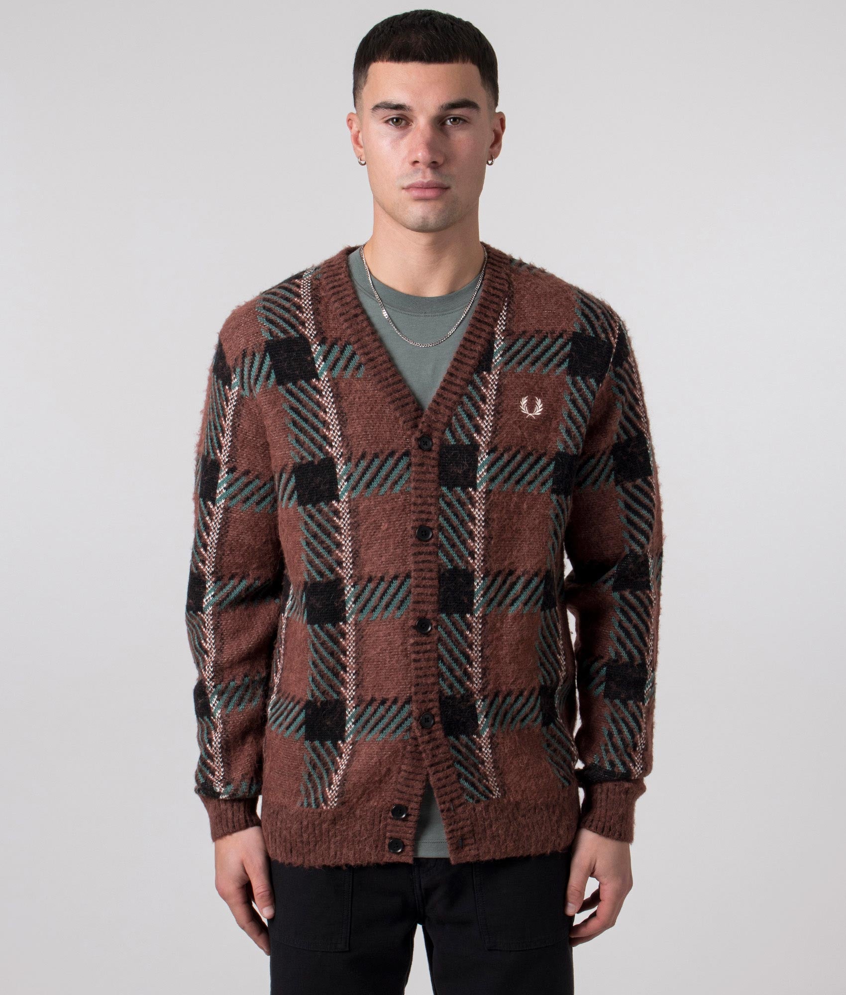Fred Perry Mens Glitch Tartan Cardigan - Colour: S54 Whisky Brown - Size: Large
