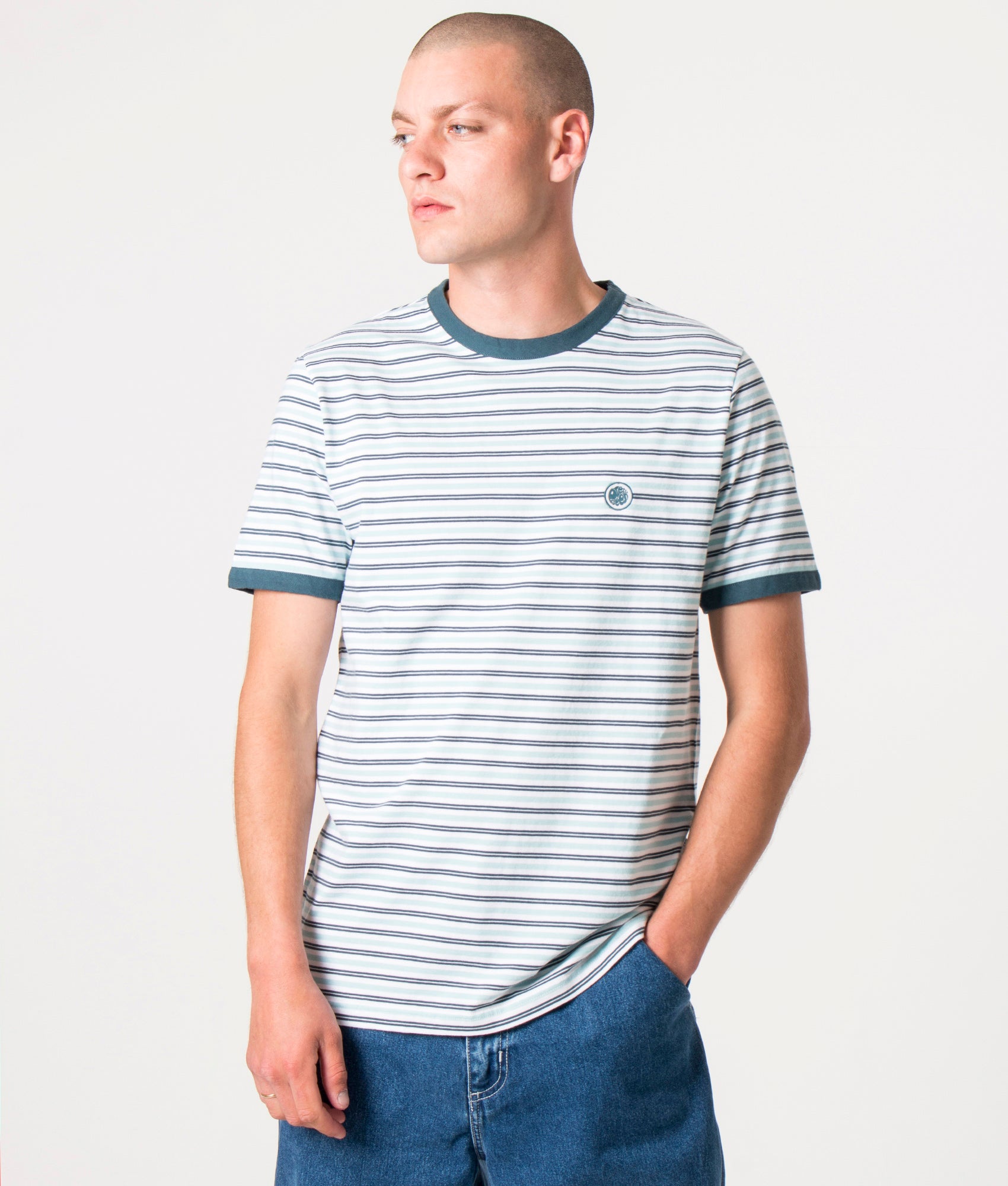 Pretty Green Mens Slim Fit Ribera Stripe T-Shirt - Colour: Teal - Size: Medium